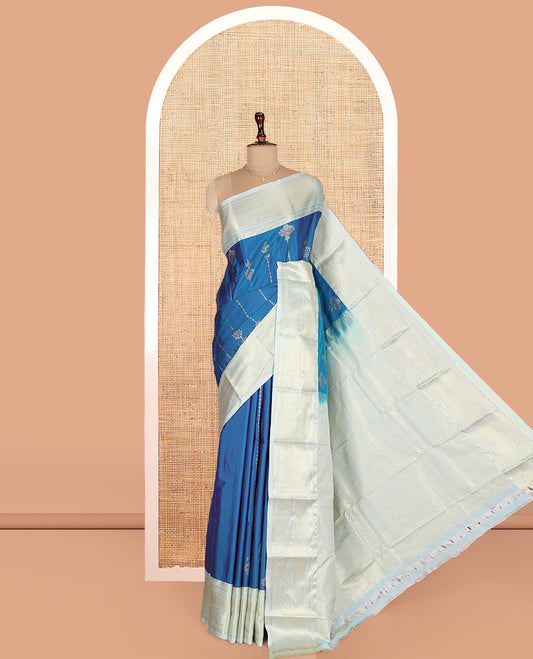 Blue Budget Silk Saree, Steeped in Richness of Zari Buttas on Its Body, Complemented by a Contrast Traditional Zari Design Border, Intricately Designed Pallu, and Paired with a Contrast Blouse