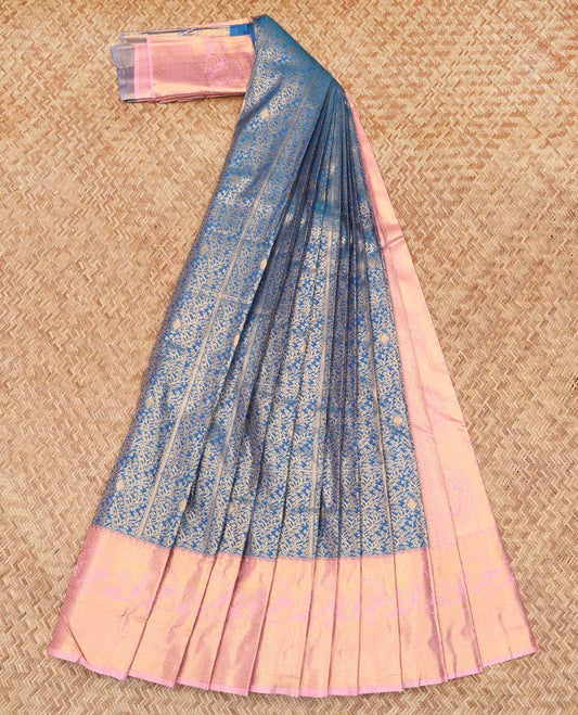 Blue Budget Silk Saree, Enriched with Jacquard Design, Complemented by Contrast Traditional Zari Border, a Grand Pallu and a Contrast Blouse