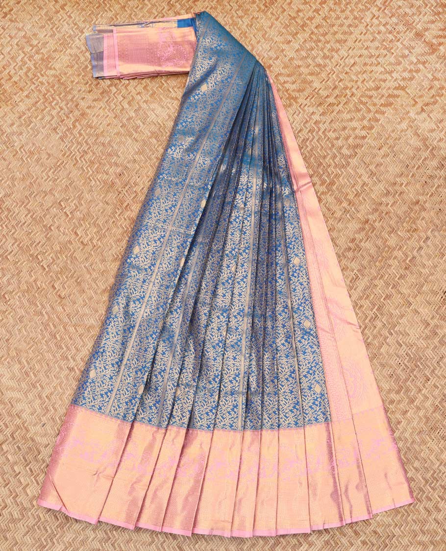 Blue Budget Silk Saree, Enriched with Jacquard Design, Complemented by Contrast Traditional Zari Border, a Grand Pallu and a Contrast Blouse