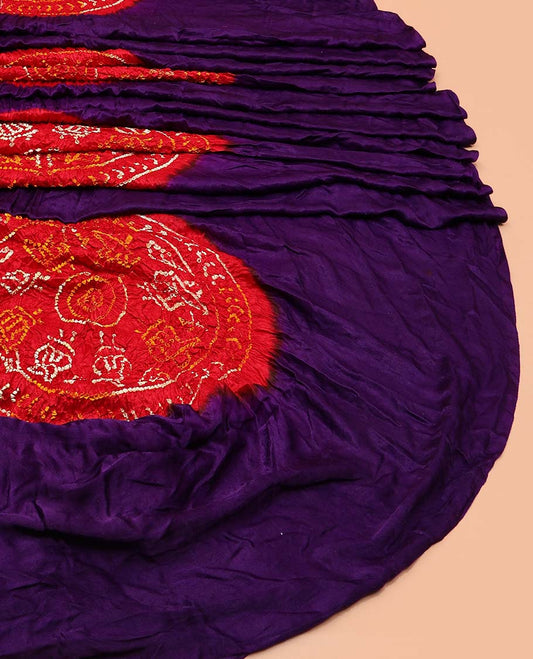 Borderless purple dots enclosed big circle motifs bandhani silk saree, butta enclosed thick zari checked gharchola pallu