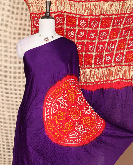 Borderless purple dots enclosed big circle motifs bandhani silk saree, butta enclosed thick zari checked gharchola pallu