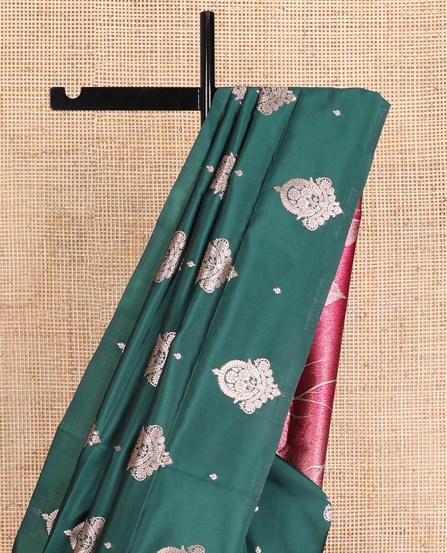 Borderless bottle green zari buttas butter silk saree, contrast rose floral design weave pallu