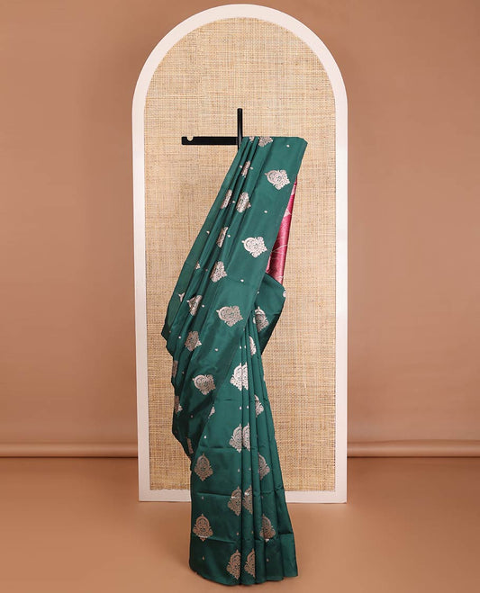 Borderless bottle green zari buttas butter silk saree, contrast rose floral design weave pallu
