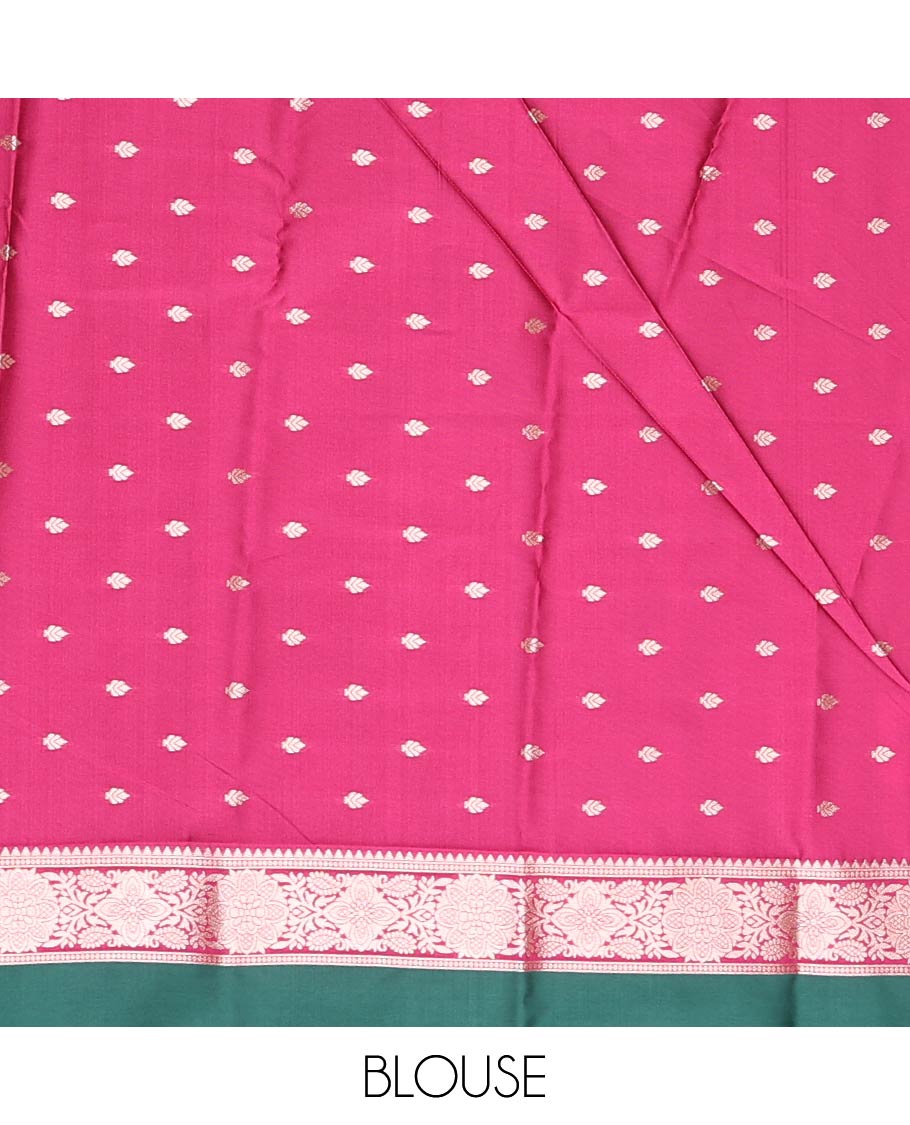 Borderless bottle green zari buttas butter silk saree, contrast rose floral design weave pallu