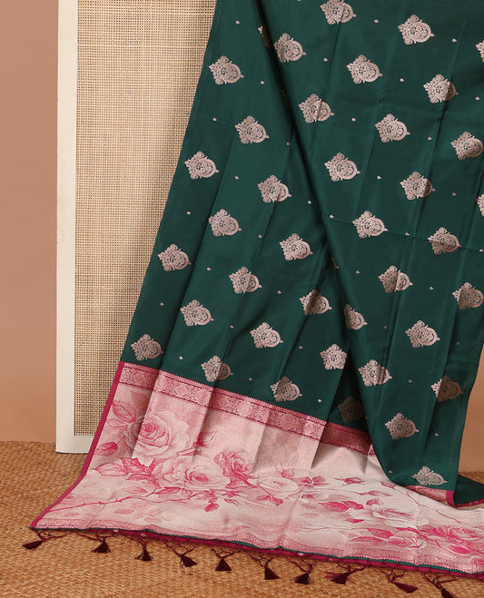 Borderless bottle green zari buttas butter silk saree, contrast rose floral design weave pallu