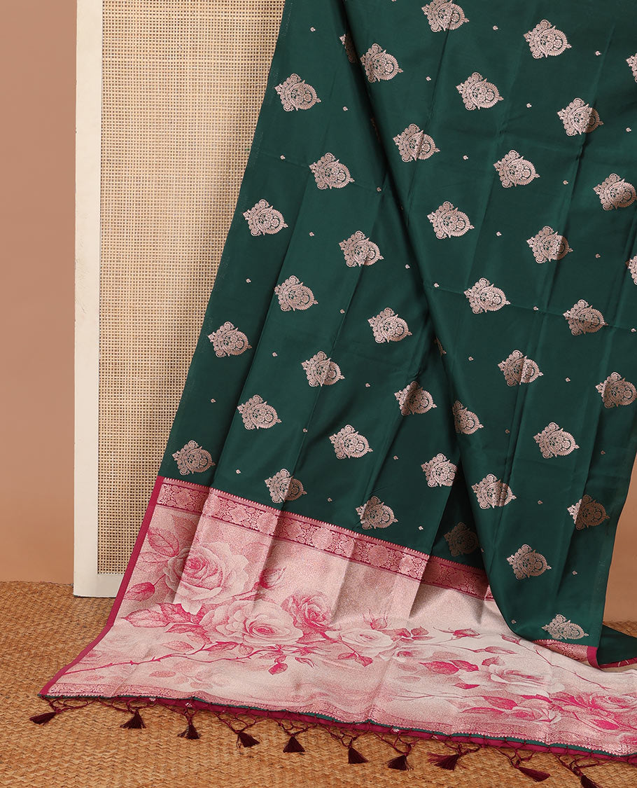 Borderless bottle green zari buttas butter silk saree, contrast rose floral design weave pallu