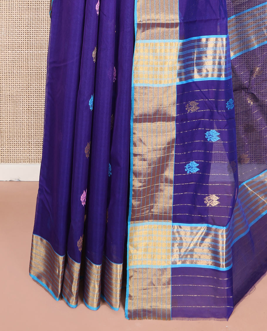 Blue Chanderi Cotton Saree, Enlivened with Leaf Buttas All Over Its Body, Complemented by a Contrast Zari Border, Pallu Steeped with Buttas and Stripes, and Paired with a Matching Blouse