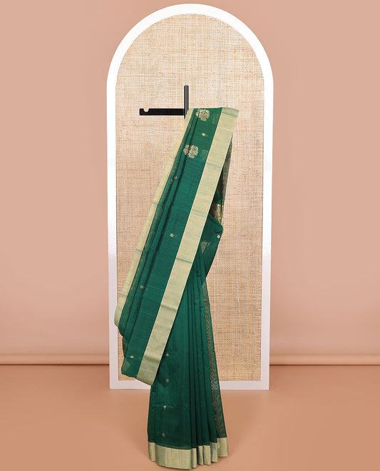 Dark green floral motifs chanderi cotton saree with self zari design border & striped pallu