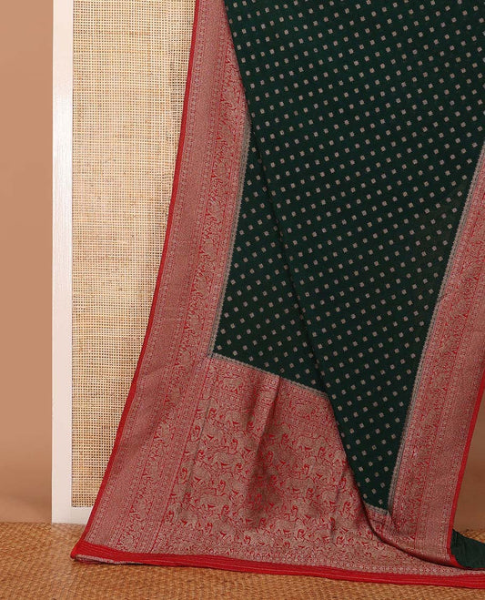 Black buttas woven fancy crepe saree, contrast traditional zari border & animal motifs pallu