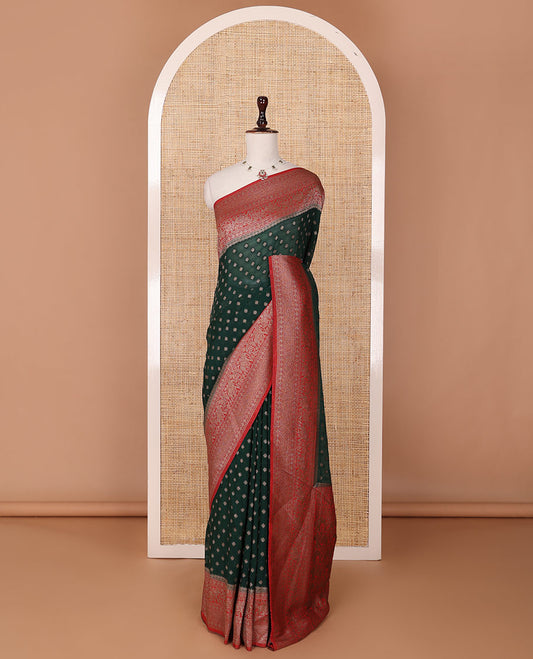 Black buttas woven fancy crepe saree, contrast traditional zari border & animal motifs pallu