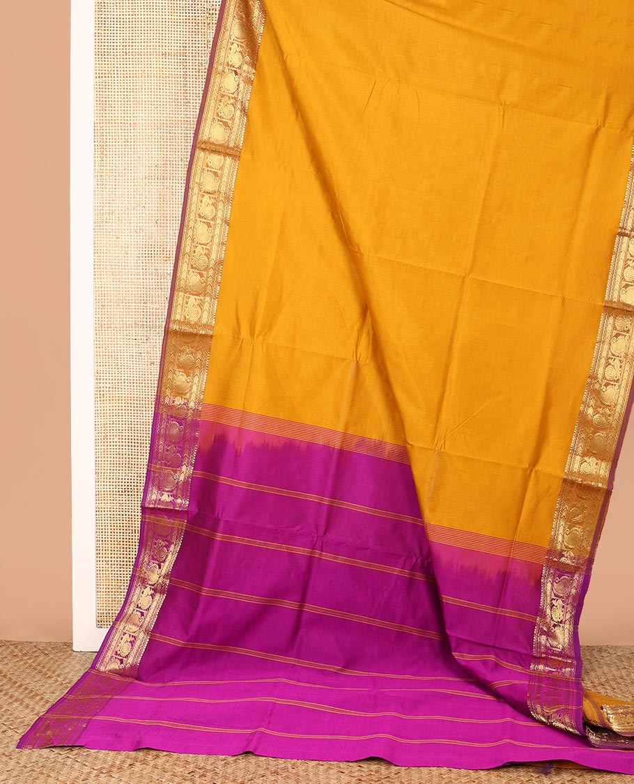 Mango Yellow Plain Poly Cotton Saree, Complemented by a Contrast Traditional Zari Design Border, Pallu of Stripes, and Paired with a Contrast Blouse