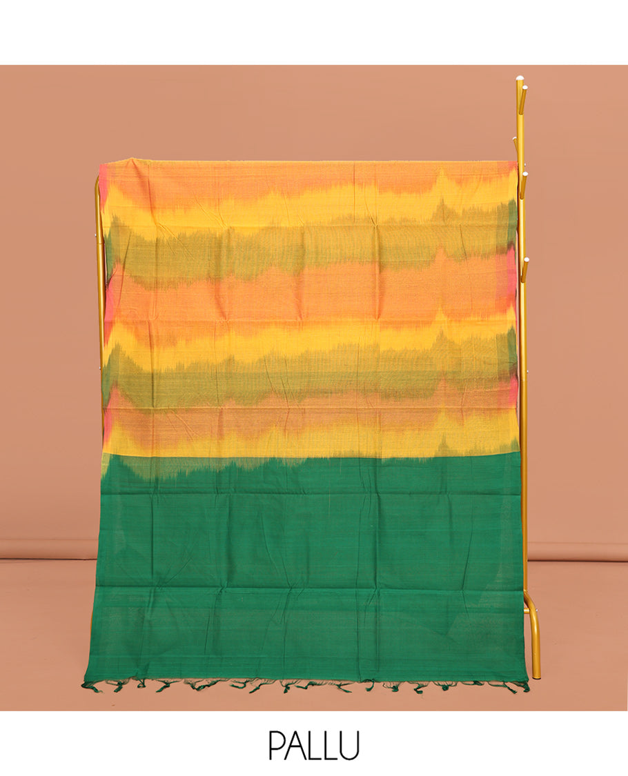 Borderless Yellow  Mangalgiri Cotton Saree, Uniquely Designed with Ikat Texture, Complemented  by Contrast Pallu, and Paired with a Contrast Blouse