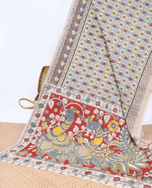 Multi-color argyle printed machine-printed kalamkari cotton saree, contrast geometric & paisley border & peacock pallu