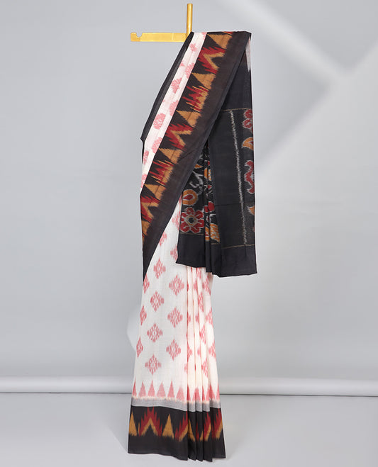 cream geometric design ikkat cotton saree with contrast triangle design border & floral vine design