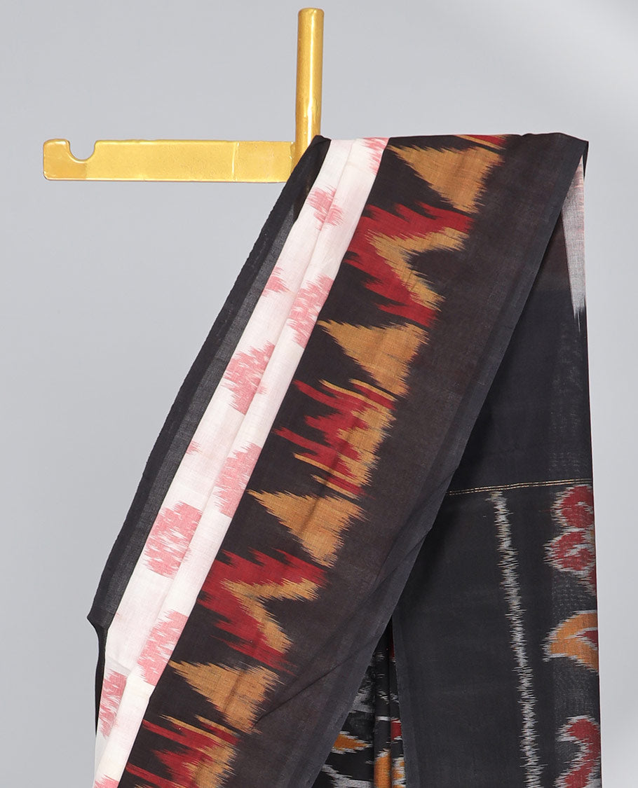cream geometric design ikkat cotton saree with contrast triangle design border & floral vine design