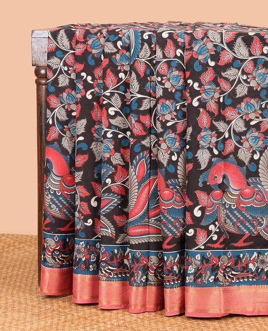 Black floral, peacock design machine-printed kalamkari cotton saree with contrast zari design border & peacock design pallu