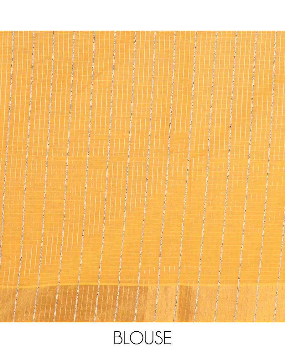 Yellow sparsely striped jute cotton saree, zari border, and striped pallu