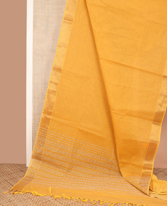 Yellow sparsely striped jute cotton saree, zari border, and striped pallu