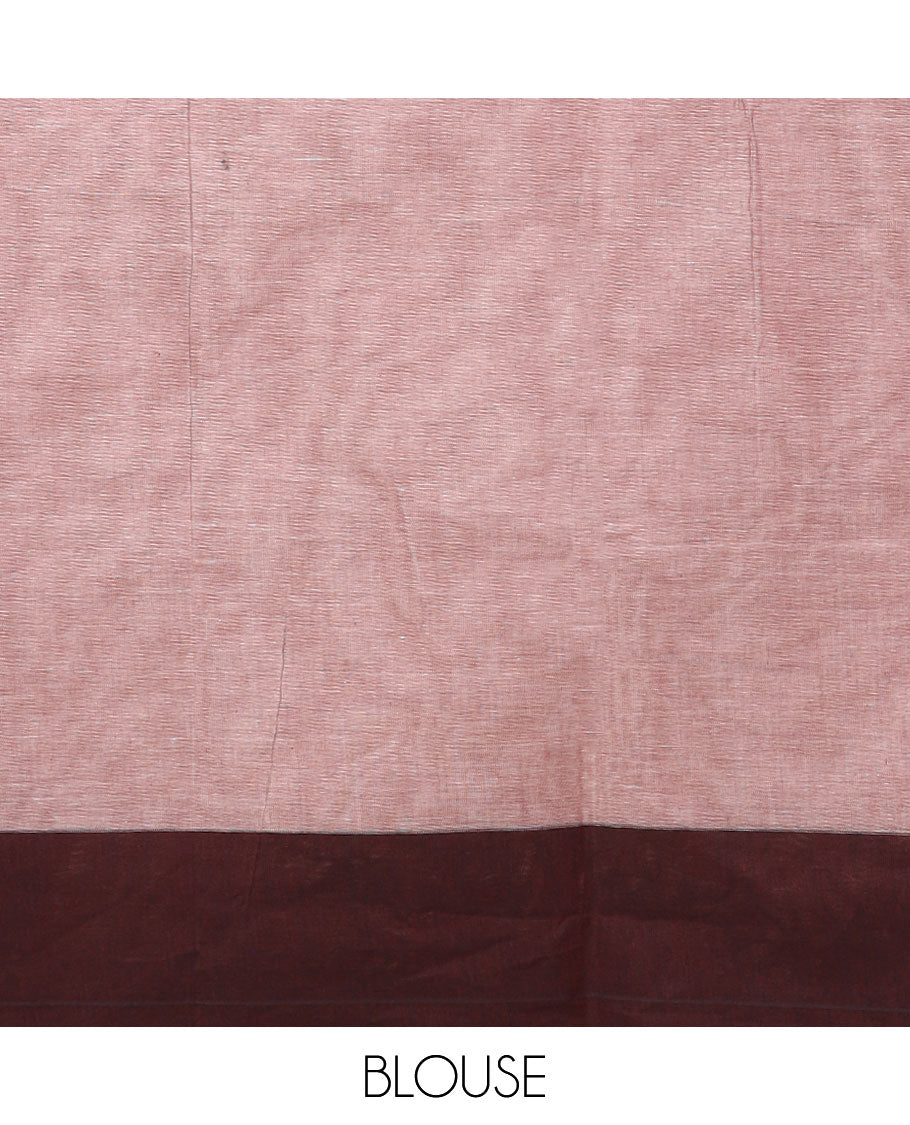 Pale brown striped and buttas Kanchi cotton saree, contrast border, and pallu steeped with paisley jaal