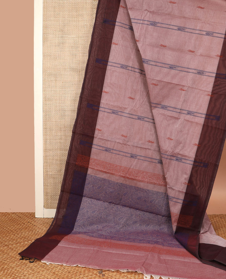 Pale brown striped and buttas Kanchi cotton saree, contrast border, and pallu steeped with paisley jaal