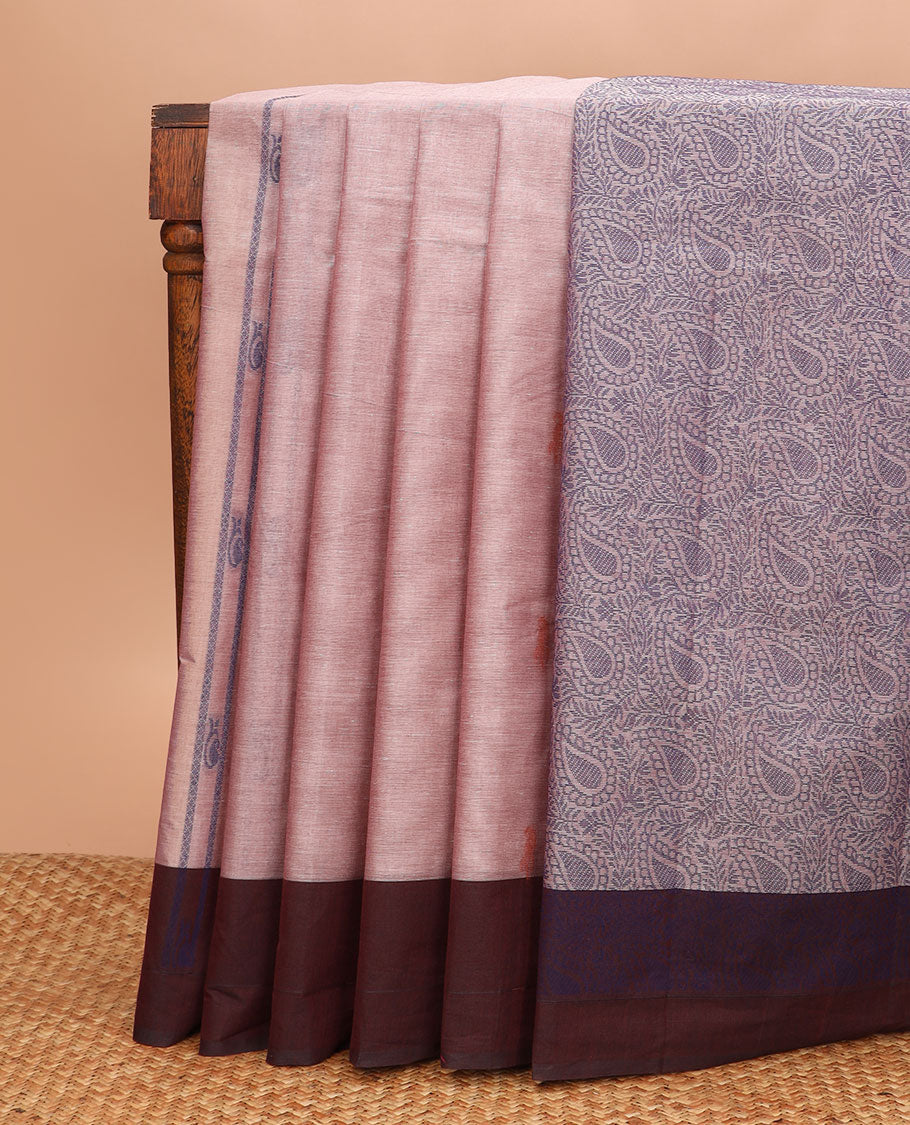 Pale brown striped and buttas Kanchi cotton saree, contrast border, and pallu steeped with paisley jaal