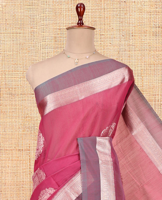 Pink Semi-Silk Cotton Saree, Decorated with Zari Buttas All Over Its Body, Complemented by a Contrast Zari Border of Traditional Designs, Pallu of Jaal Designs, and Paired with a Contrast Blouse