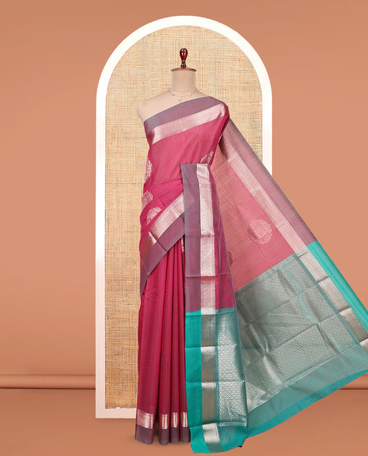 Pink Semi-Silk Cotton Saree, Decorated with Zari Buttas All Over Its Body, Complemented by a Contrast Zari Border of Traditional Designs, Pallu of Jaal Designs, and Paired with a Contrast Blouse
