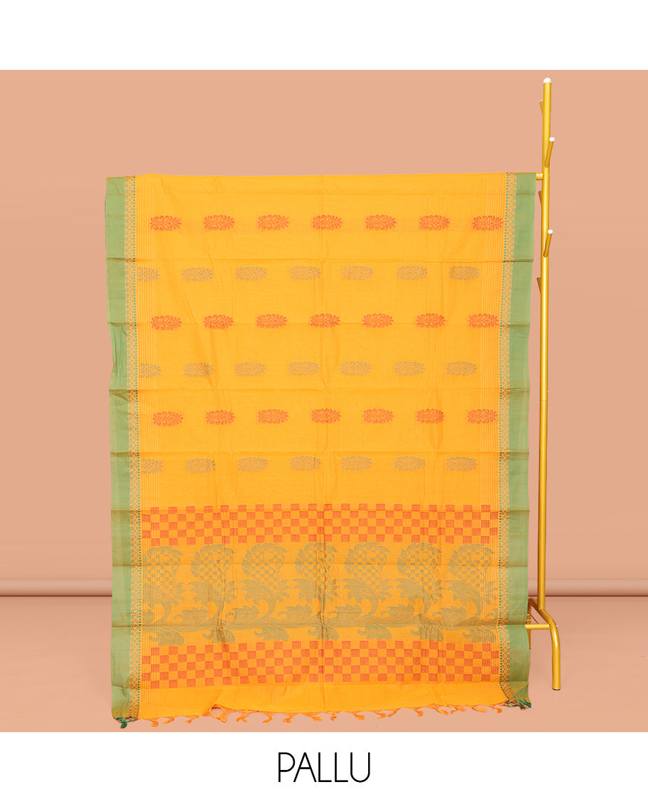 Yellow Chettinad Cotton Saree, Embellished with Buttas All Over Its Body, Complemented by a Contrast Border, Pallu of Paisleys and Checks, and Paired with a Matching Blouse
