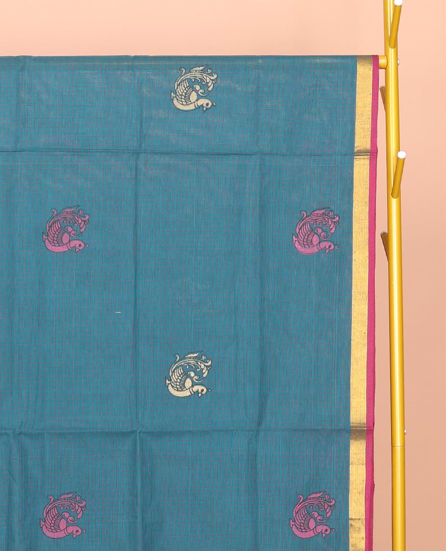 Blue Venkatagiri Cotton Saree, Detailed with Peacock Buttas and Checks, a Contrast Traditional Zari Border, Pallu of Peacock Buttas and Stripes, and No Blouse