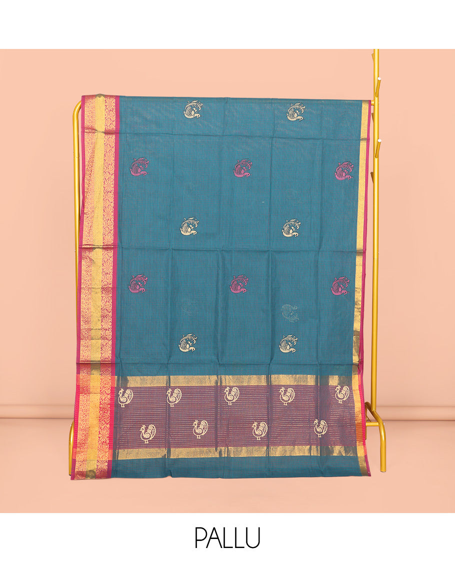 Blue Venkatagiri Cotton Saree, Detailed with Peacock Buttas and Checks, a Contrast Traditional Zari Border, Pallu of Peacock Buttas and Stripes, and No Blouse
