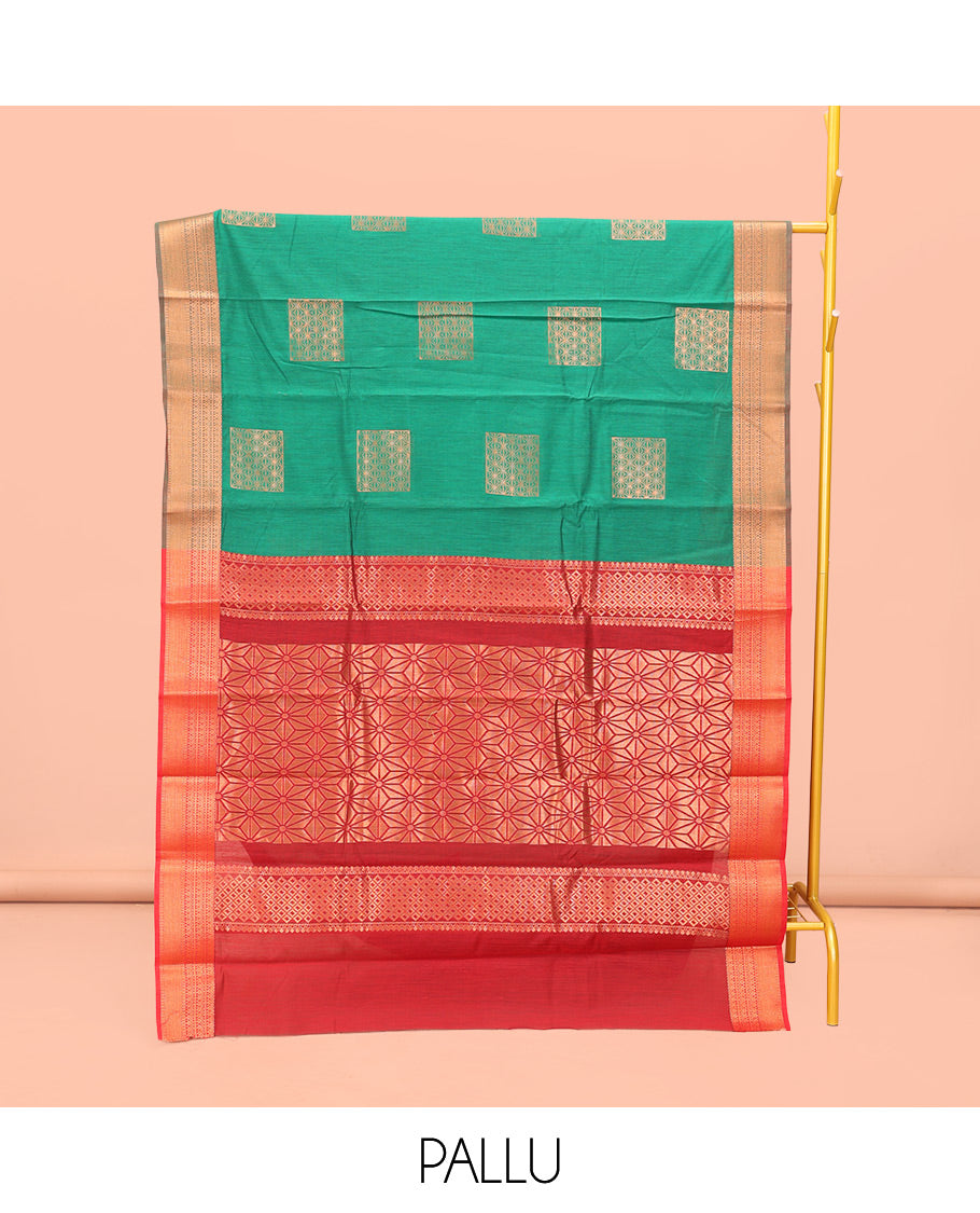 Green Semi-Silk Cotton Saree, Featuring Zari Buttas All Over Its Body, Complemented by a Contrast Traditional Zari Design Border, Pallu of Star Designs, and Paired with a Contrast Blouse