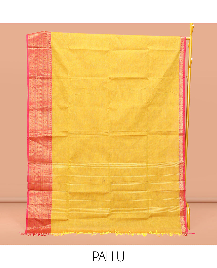 Yellow Plain Chettinad Cotton Saree, Captivating by a Contrast Traditional Zari Design Woven Temple Border, Pallu of Stripes, and Paired with a Matching Blouse