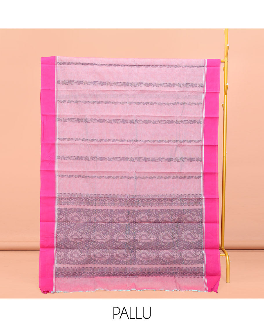 Pink Kanchi Cotton Saree, Adorned with Floral Creeper Design All Over Its Body, Complemented by Contrast Border, Pallu of Paisley Designs, and Paired with a Matching Blouse