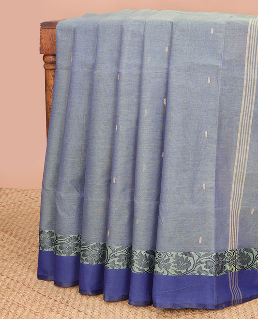 Grey floral motifs bengal cotton saree with contrast floral zari design border & striped, floral design pallu