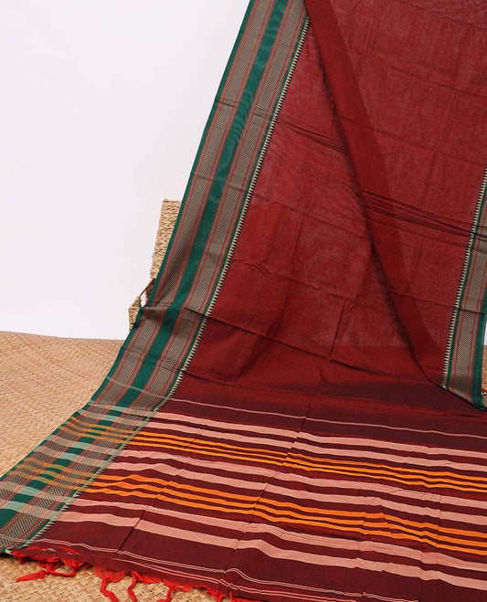 Red narayanapet cotton saree with contrast intricate zari design border & striped pallu