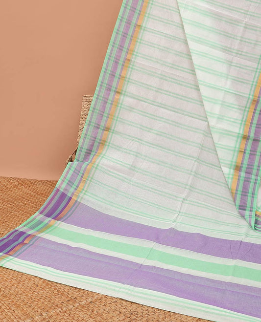 Cream striped chirla cottton saree with contrast checked border & striped pallu
