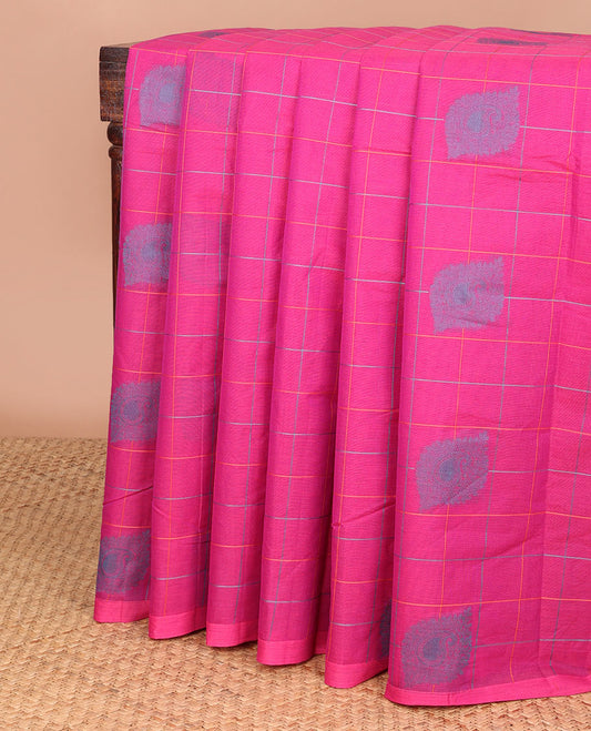 Borderless pink checked, floral design coimbatore cotton saree with paisley, floral design pallu