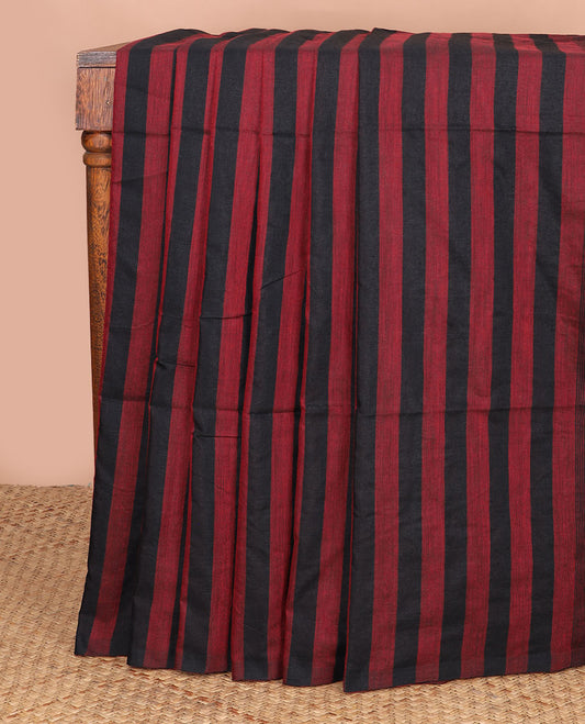 Borderless black & carmine red color striped Kadhi cotton saree, plain design pallu