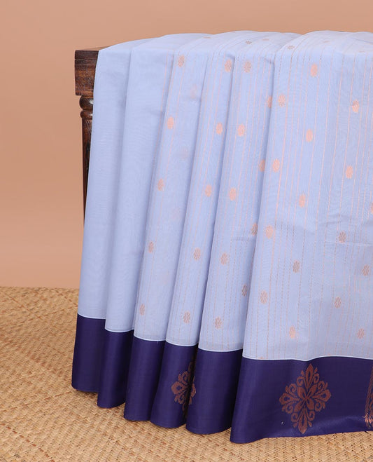 Lavender striped, floral design semisilk cotton saree with contrast floral design & checked floral design pallu