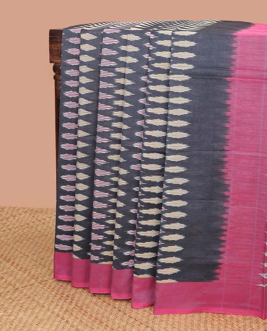 Blue motifs ikkat cotton saree with contrast border & chevron design pallu