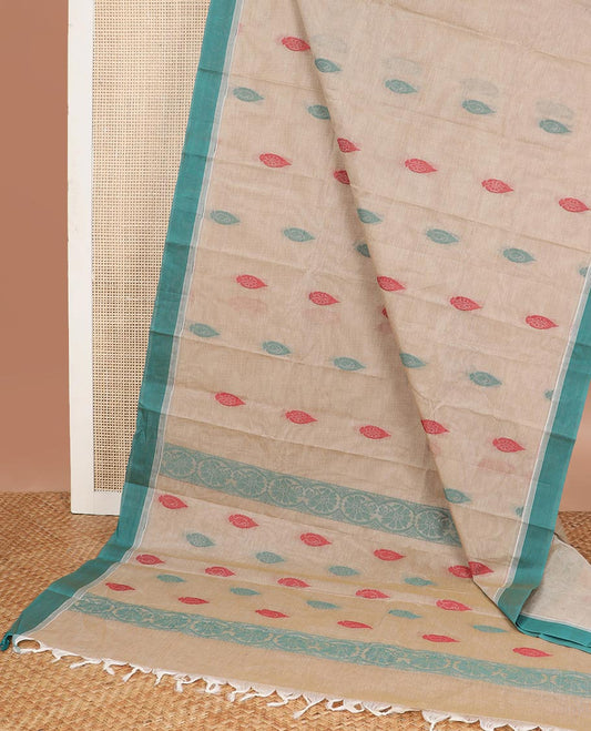 Beige  floral motifs kanchi cotton saree with contrast zari border & floral design pallu