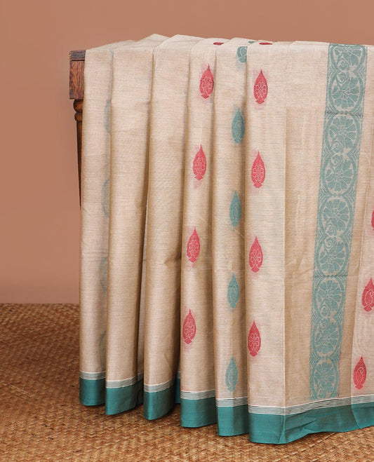 Beige  floral motifs kanchi cotton saree with contrast zari border & floral design pallu