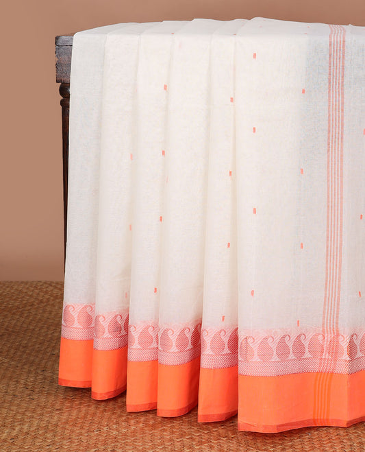 White bengal cotton saree with contrast paisely design border & striped, floral motifs pallu