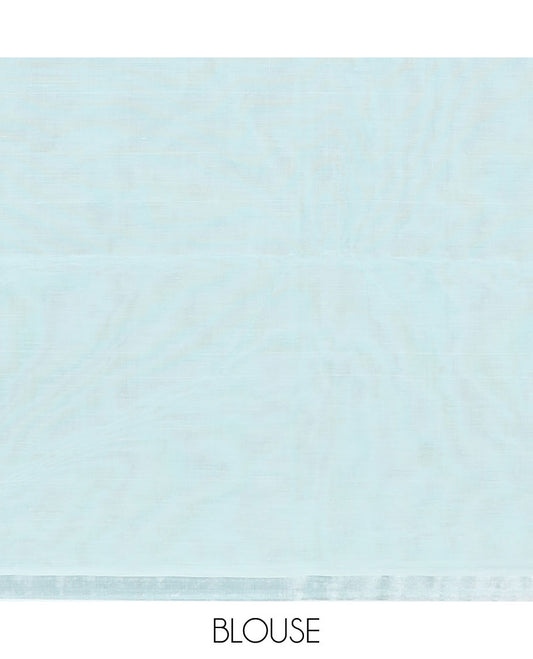 Baby blue plain design jute cotton saree, zari border & striped pallu