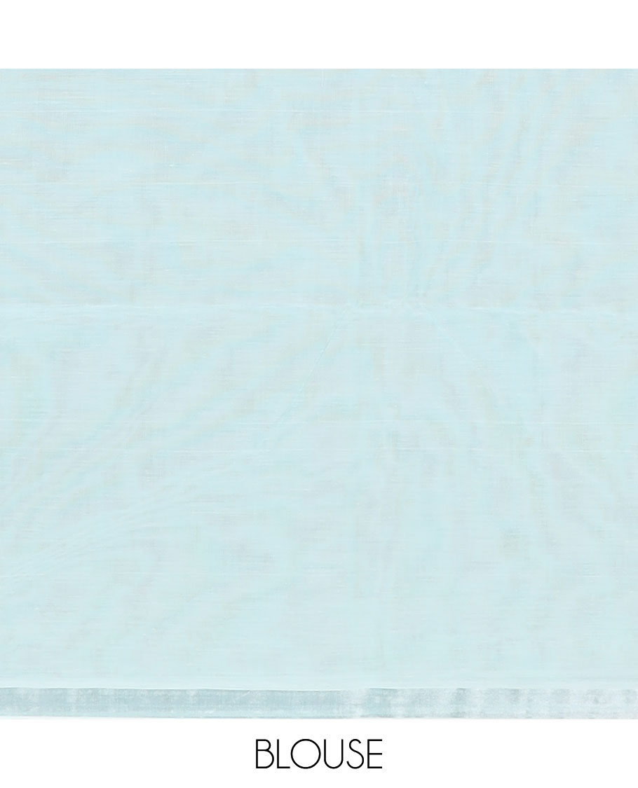 Baby blue plain design jute cotton saree, zari border & striped pallu