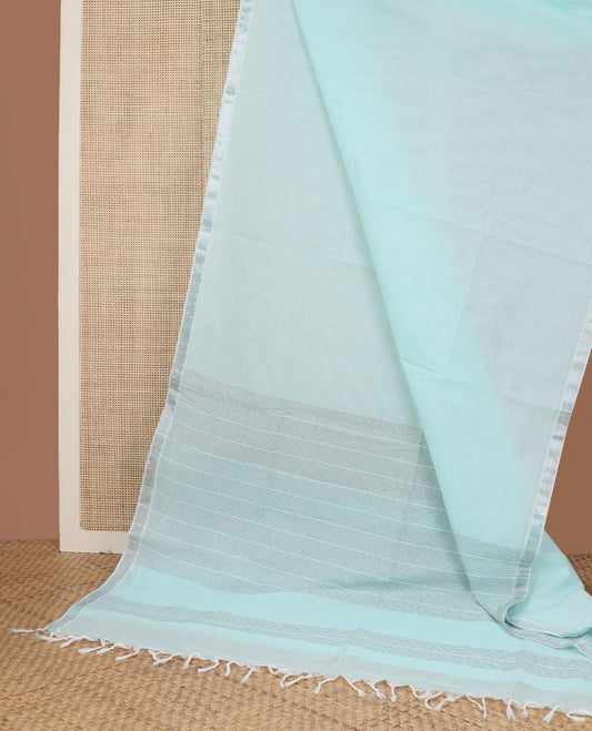 Baby blue plain design jute cotton saree, zari border & striped pallu