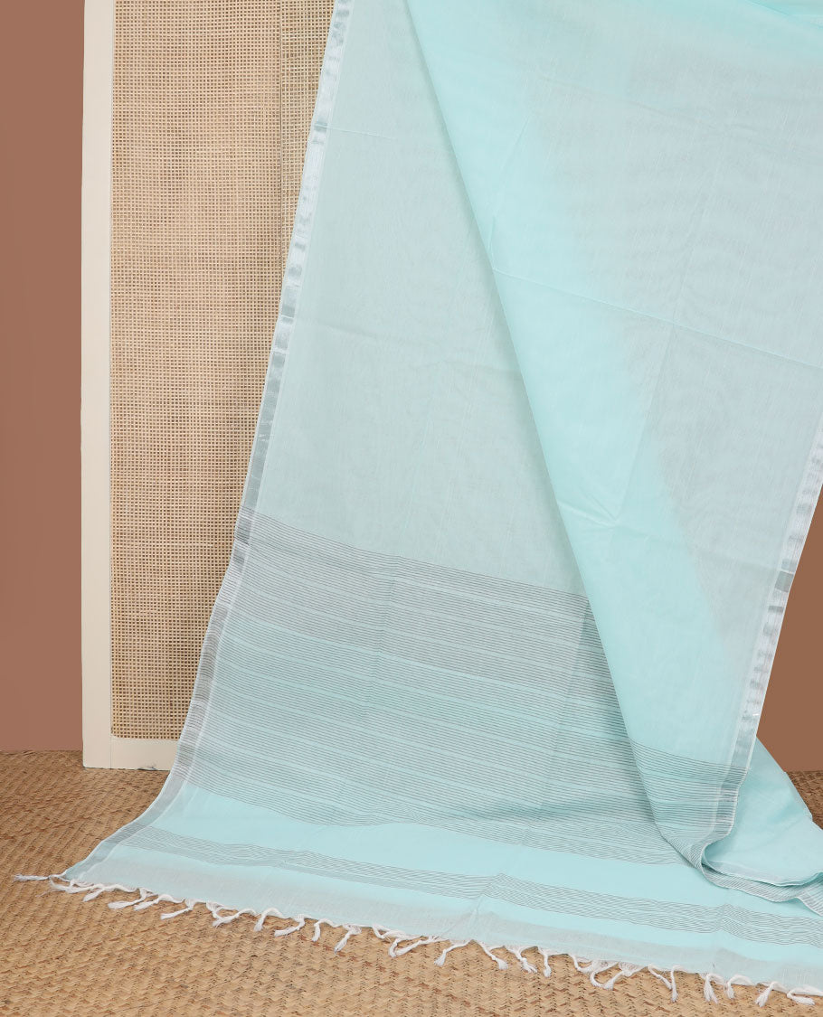 Baby blue plain design jute cotton saree, zari border & striped pallu