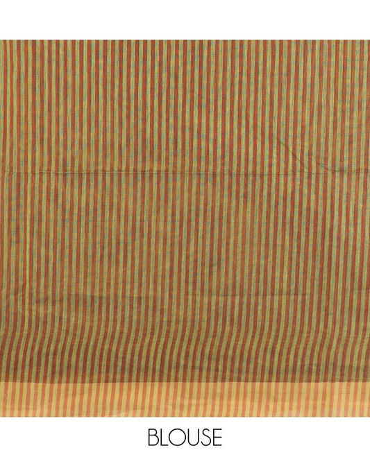 Brown striped jute cotton saree, contrast striped border and striped pallu