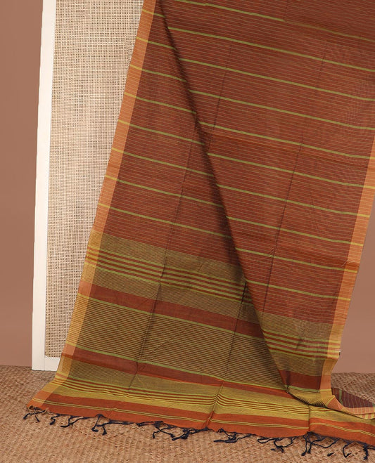 Brown striped jute cotton saree, contrast striped border and striped pallu
