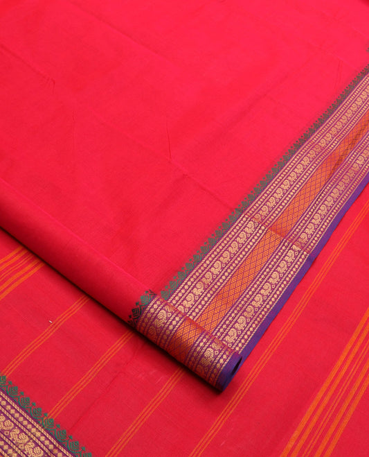 Red plain nine-yard cotton saree, contrast traditional motifs woven border, and striped pallu